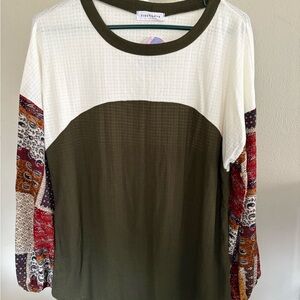 First Love Women's Olive and Cream Patchwork Sleeve Top
